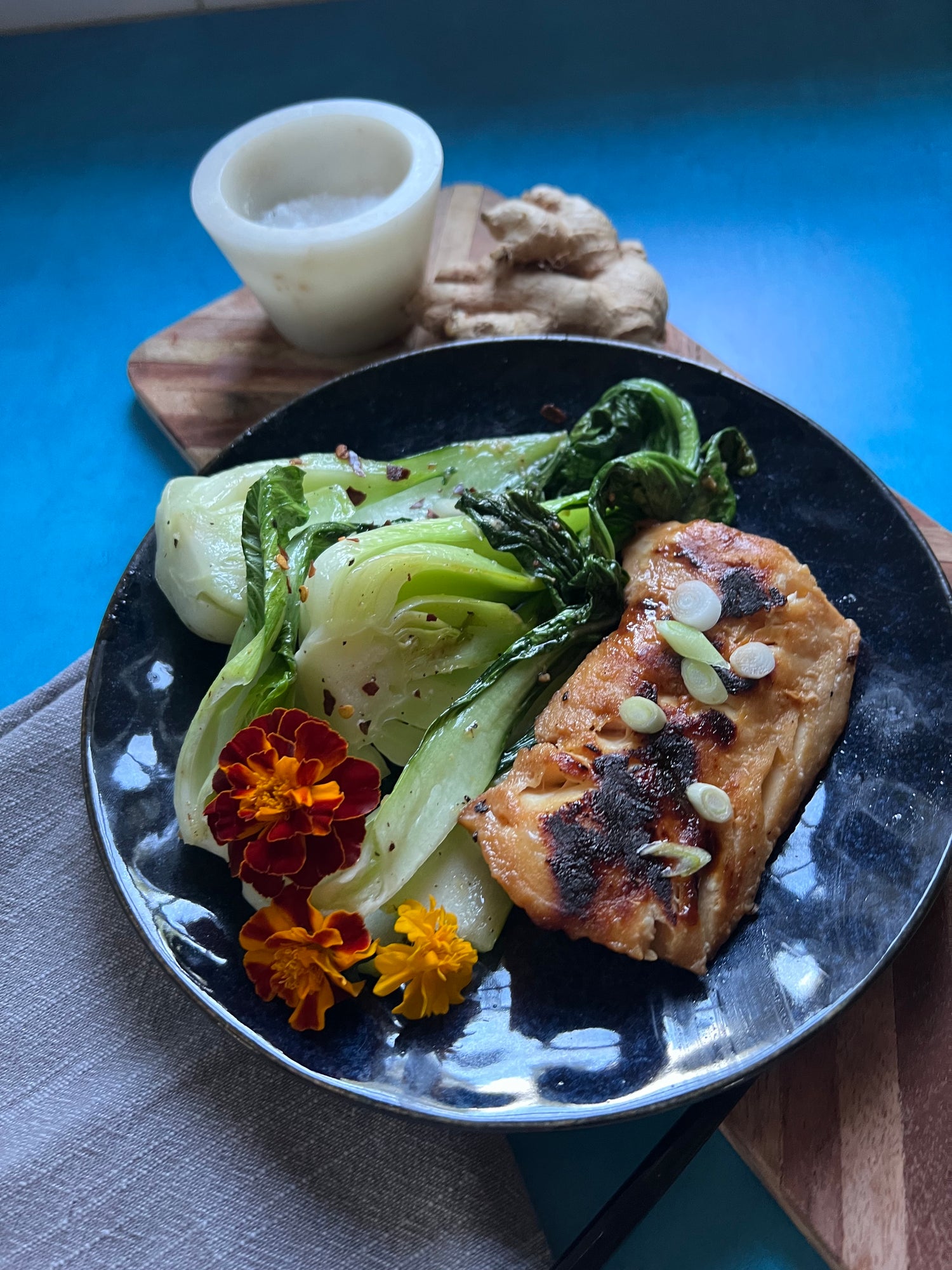 miso marinated cod with garlic ginger bok choy