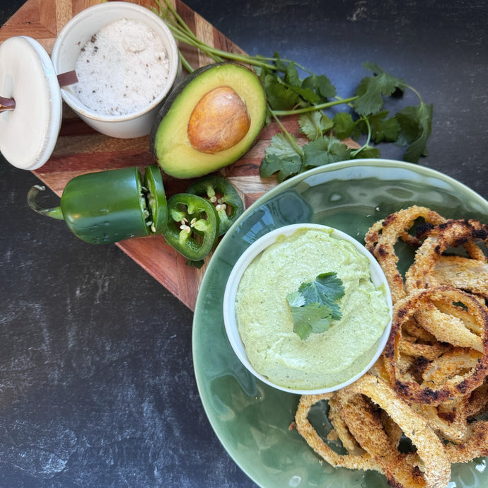 Paleo Air Fried Onion Rings and Cilantro Lime Dip