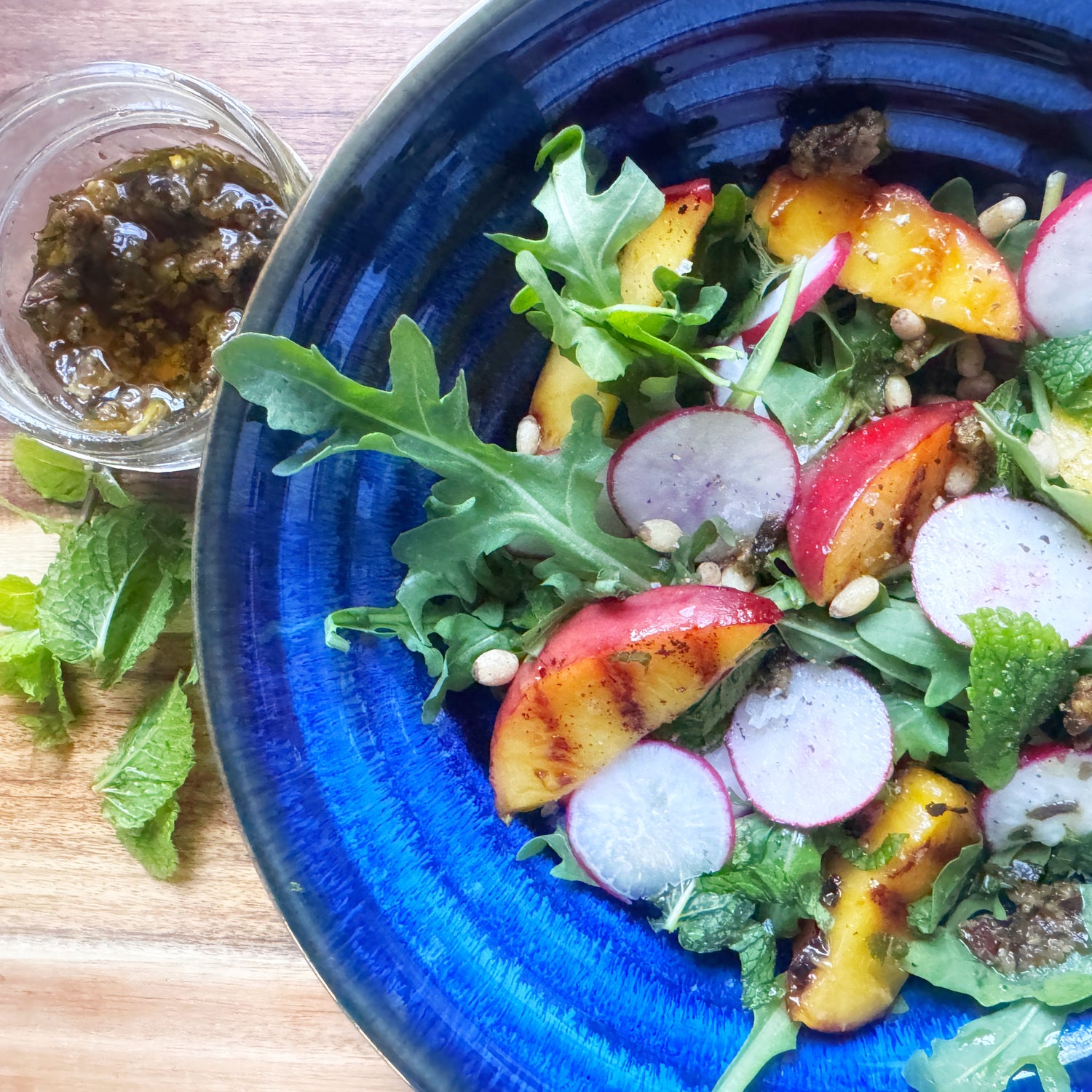 peach salad with mint and pesto